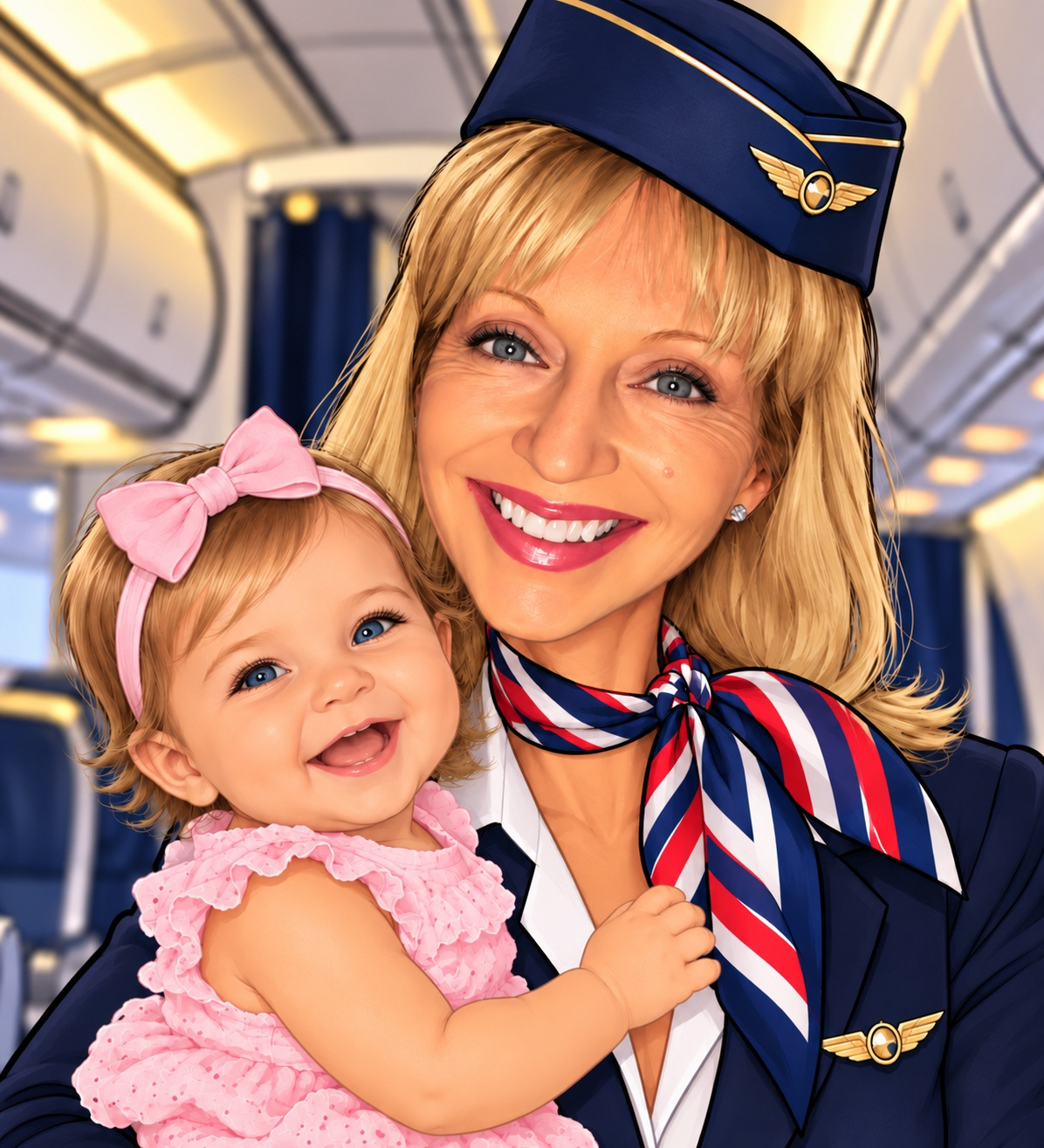 Smiling blonde flight attendant in uniform holding a baby girl wearing a pink bow