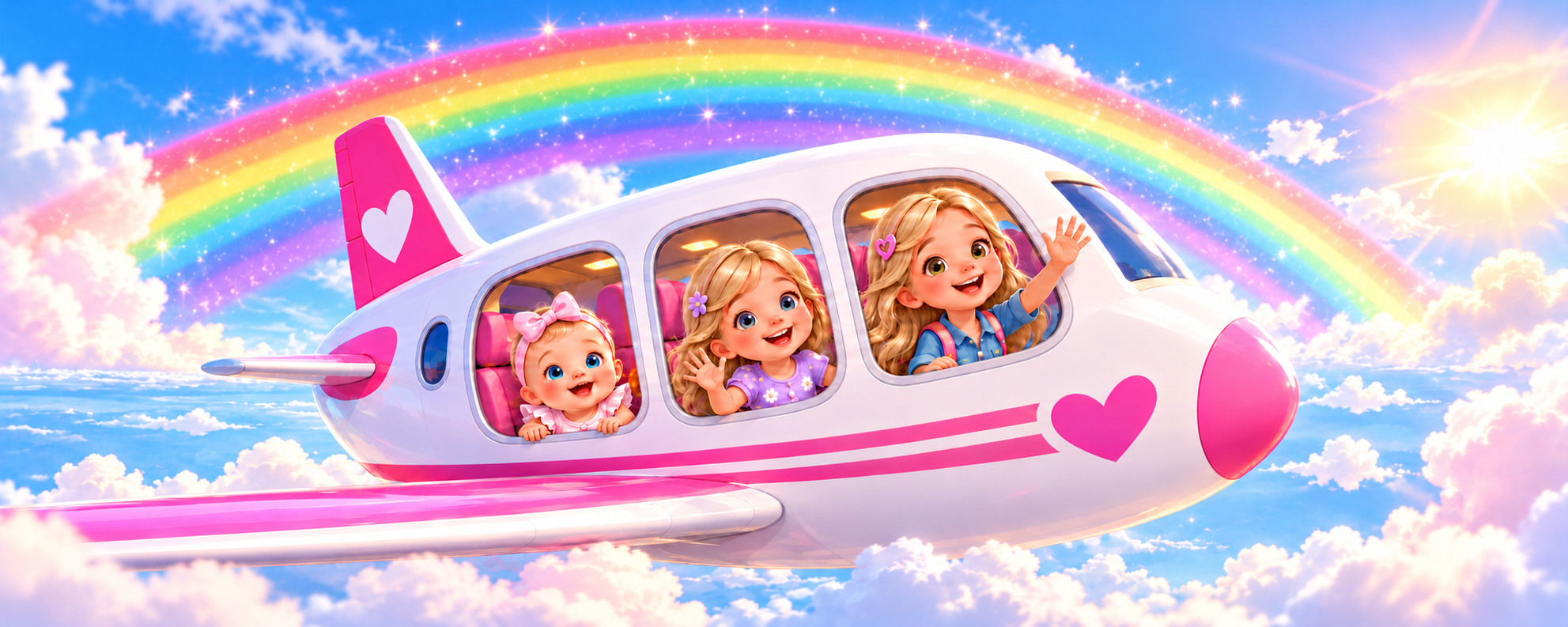 Three blonde girls waving from a pink and white airplane flying past a bright rainbow in a blue sky